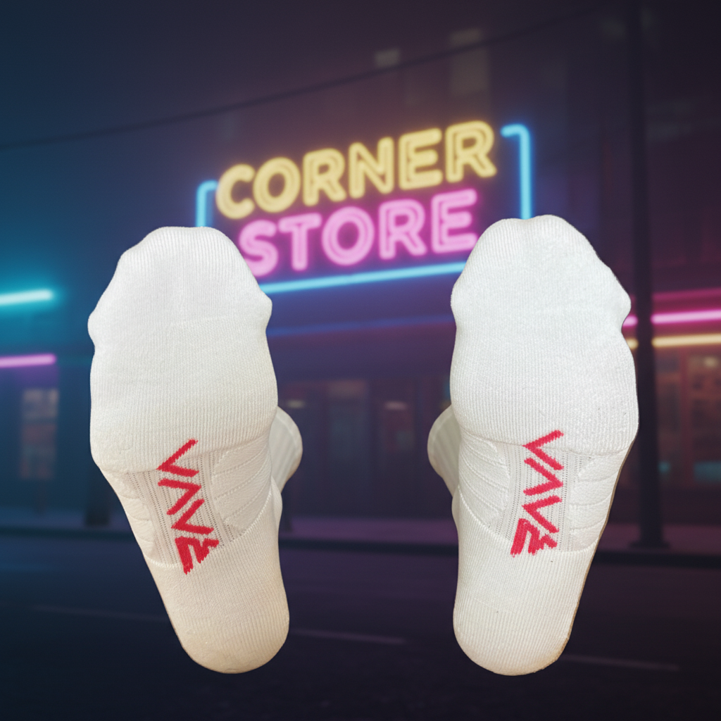 Bottom of feet with CORNER STORE neon