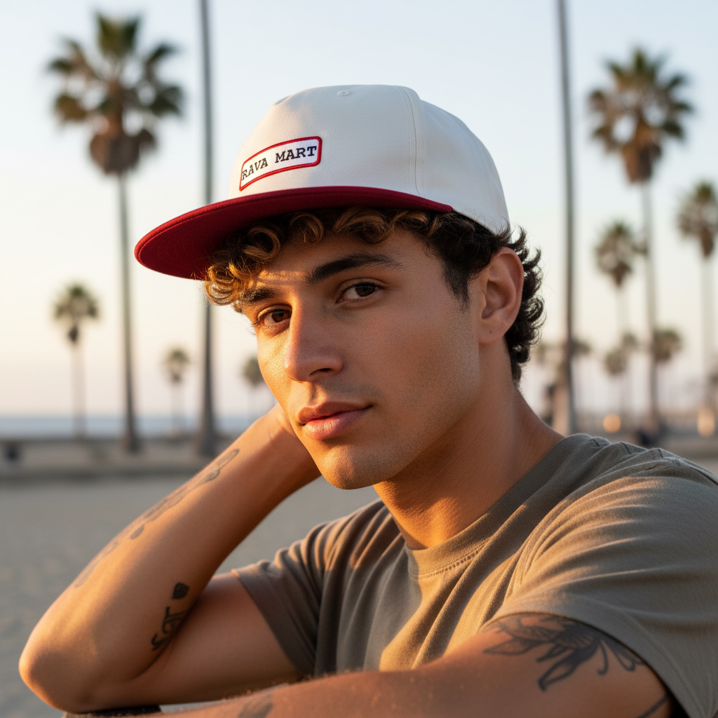 Close-up of creative guy wearing RAVA Mart Snapback - no seam