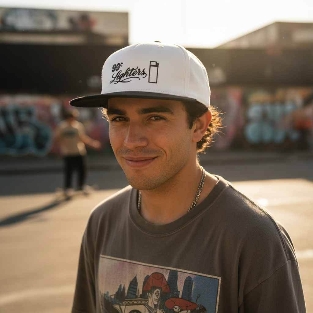 Close-up of skater wearing Lighters Cap